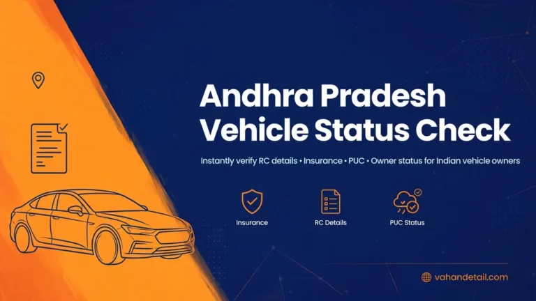 Illustration of a car with insurance, RC details and PUC status icons for checking an Andhra Pradesh vehicle status online