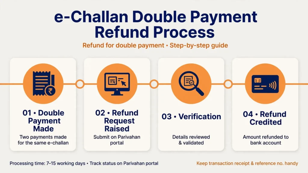 Infographic timeline of the e-challan double payment refund process on the Parivahan portal