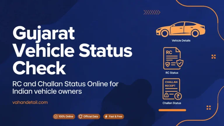 Illustration of an orange car beside RC and challan status icons for Gujarat vehicle status check