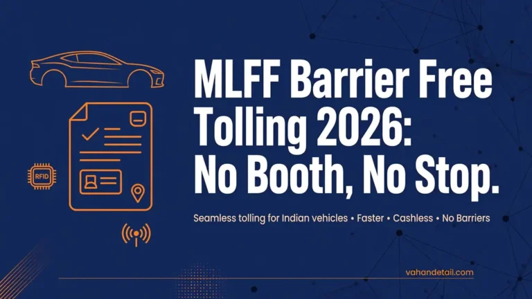 Infographic banner showing MLFF barrier free tolling gantry with FASTag RFID and ANPR camera for Indian vehicle owners