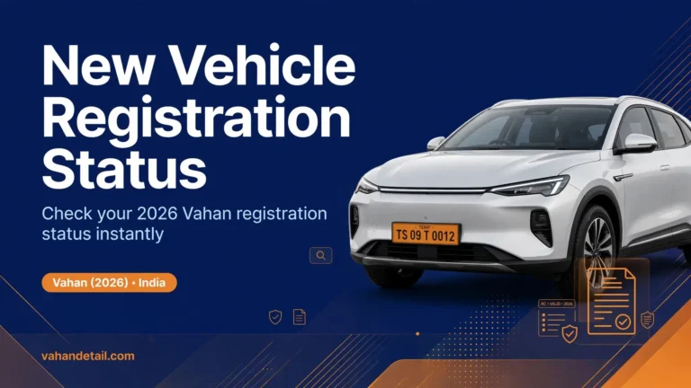Banner: new vehicle registration status check on Vahan showing a new car with temporary registration plate