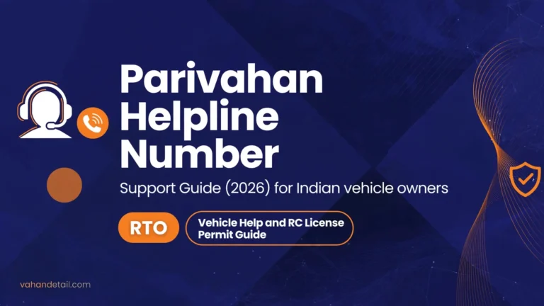 Banner: Parivahan helpline number support guide with headset and phone icons for Indian vehicle owners
