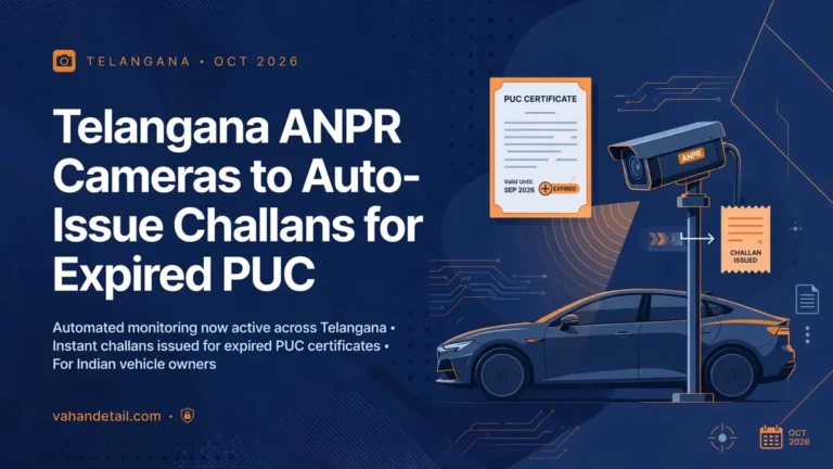 Infographic banner: Telangana ANPR cameras auto-issuing e-challans for expired PUC certificates