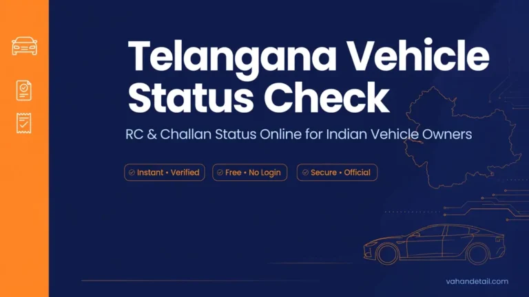 Illustration for Telangana vehicle status check showing a car outline and RC and challan icons beside a state map outline