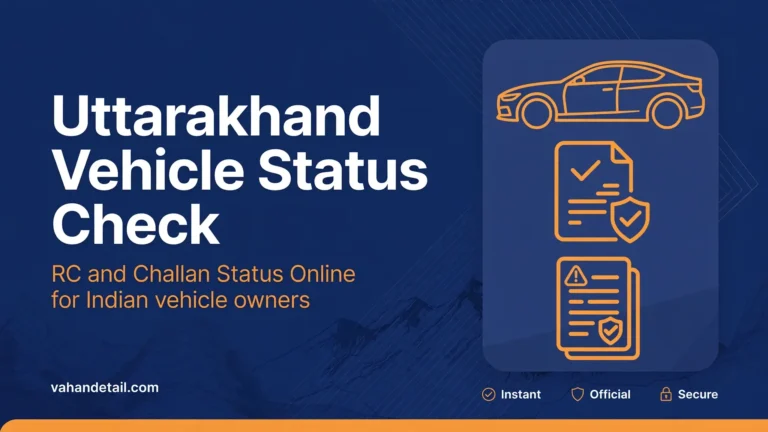 Illustration of a car with RC document and verification shield icons for checking a Uttarakhand vehicle status online