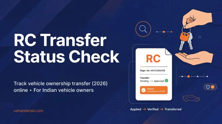 Infographic banner: RC transfer status check guide showing key handover and transfer stages for Indian vehicle owners