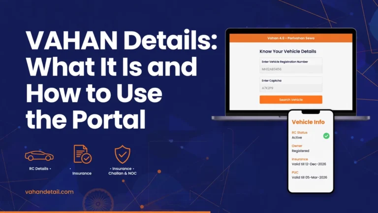 Infographic banner: VAHAN portal services guide for Indian vehicle owners